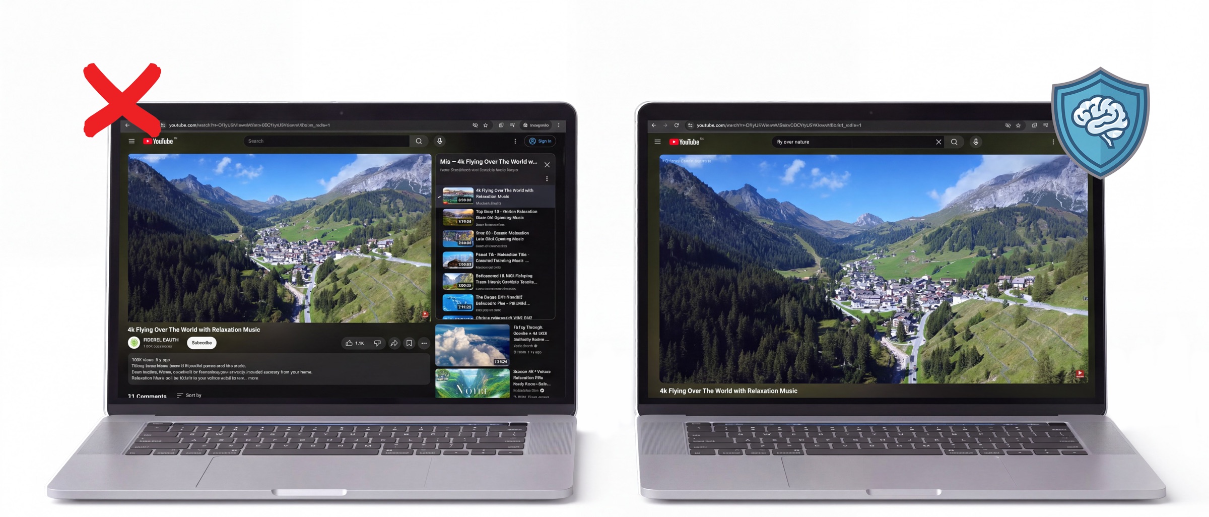 Two laptops showing the same YouTube video. The left laptop, marked with a red cross, has a column of recommended videos beside the player. The right laptop, marked with the Sedo shield, shows the video with that column removed.